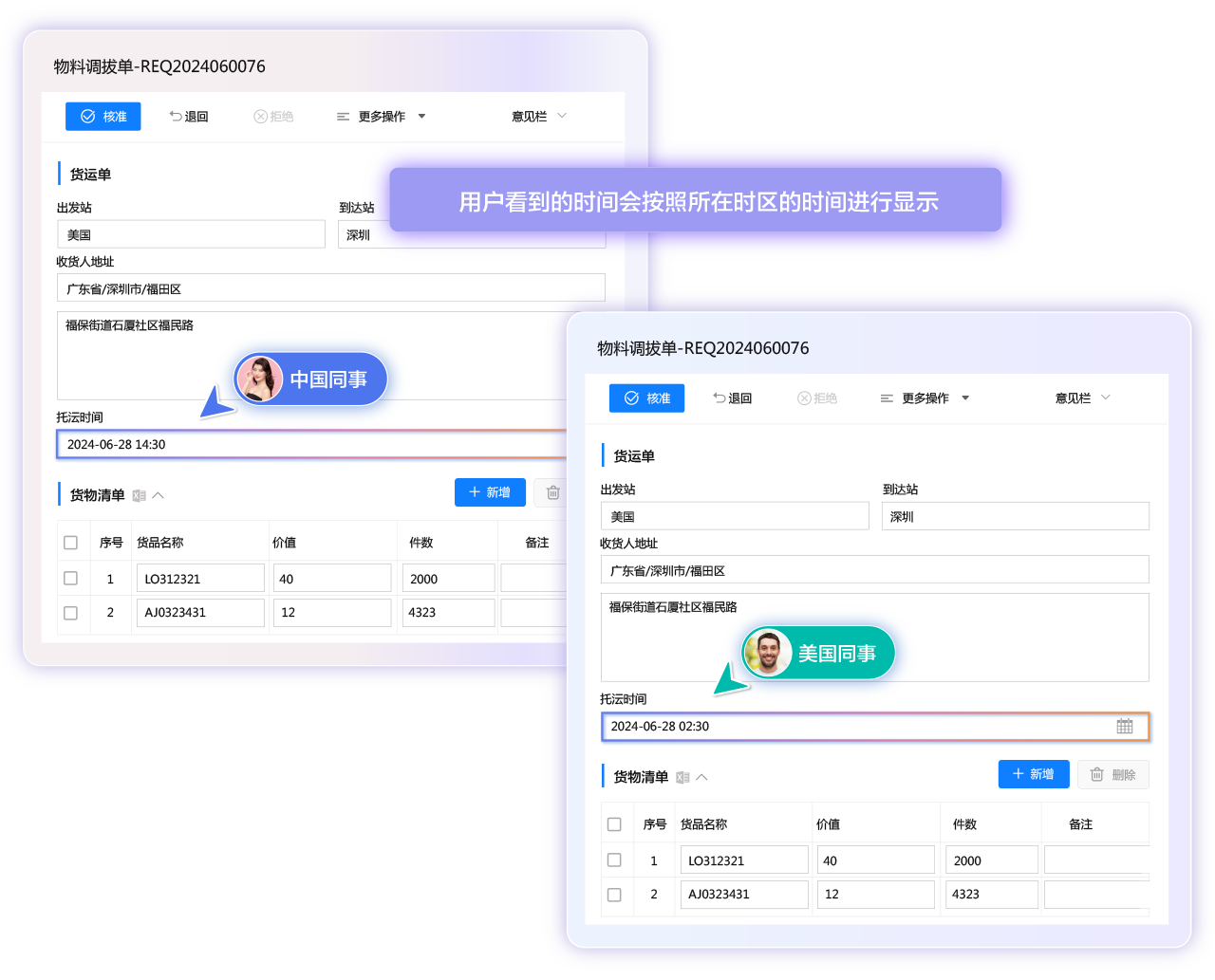 FlowPortal 多时区功能演示：中国用户填写船运时间8:30（北京时间），日本用户接收时自动显示为9:30（东京时间），美国用户则显示前一日19:30（纽约时间），所有时间字段均智能转换。